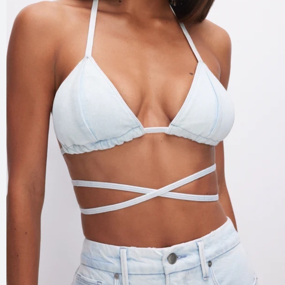 Good American Light Wash Denim Triangle Wrap Crop Top